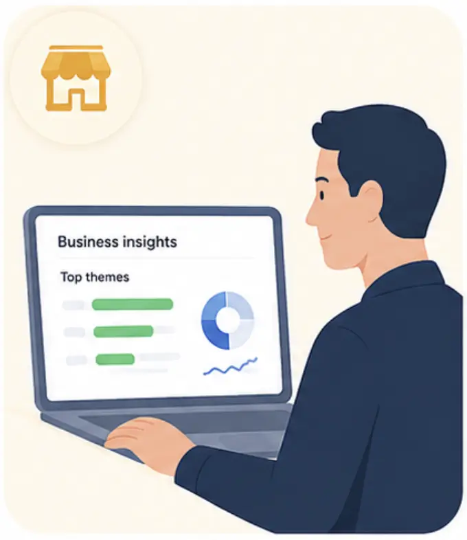 Business owner reviewing summarized insights on a laptop