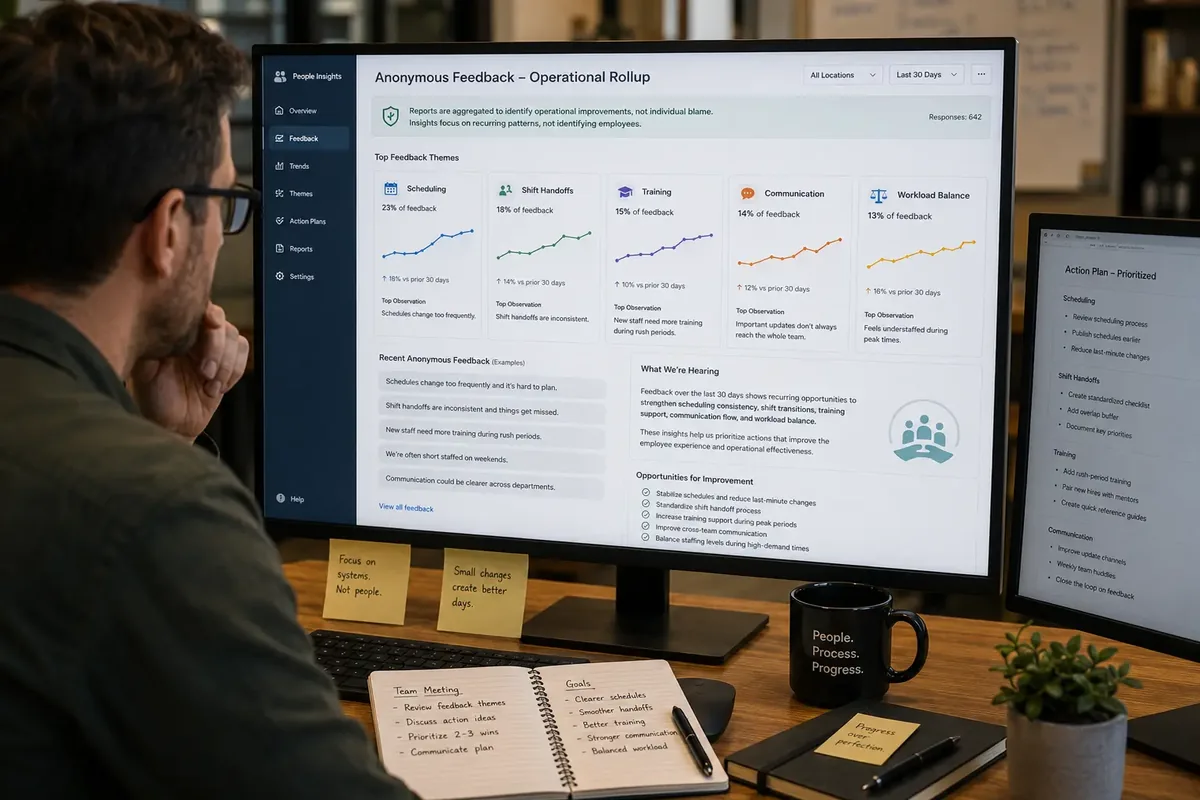 Dashboard rollup highlighting constructive operational themes, scheduling, handoffs, training, with a clear note that reports are aggregated for improvement not blame.