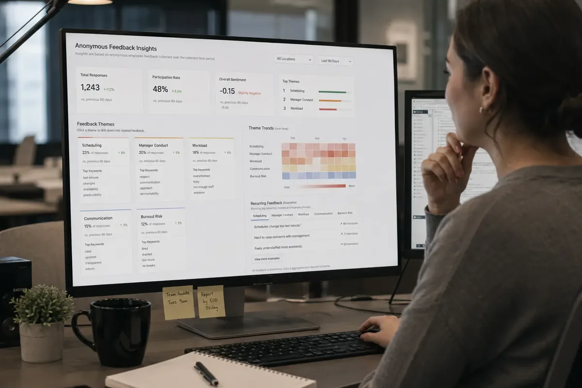 Operations dashboard clustering anonymous employee comments into recurring themes such as scheduling, manager conduct, and workload.