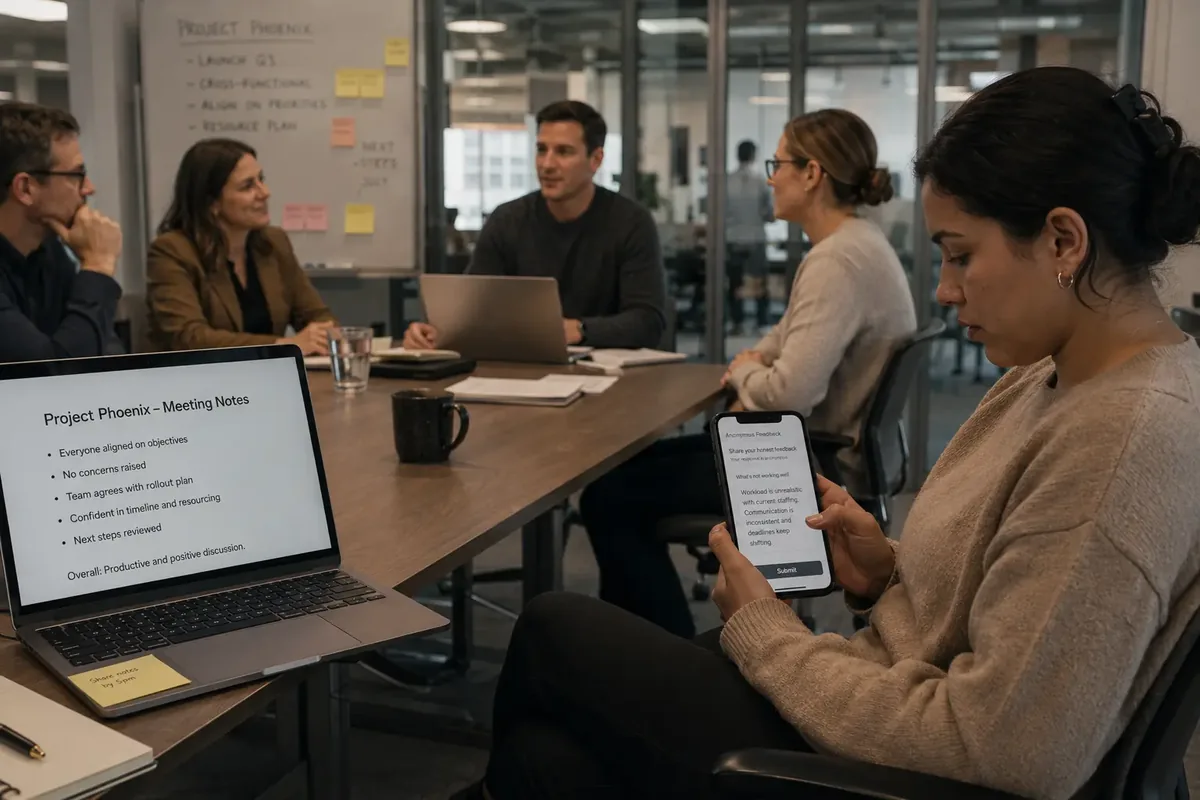 Quiet employee submitting private written feedback on a phone while meeting notes show only generic agreement.