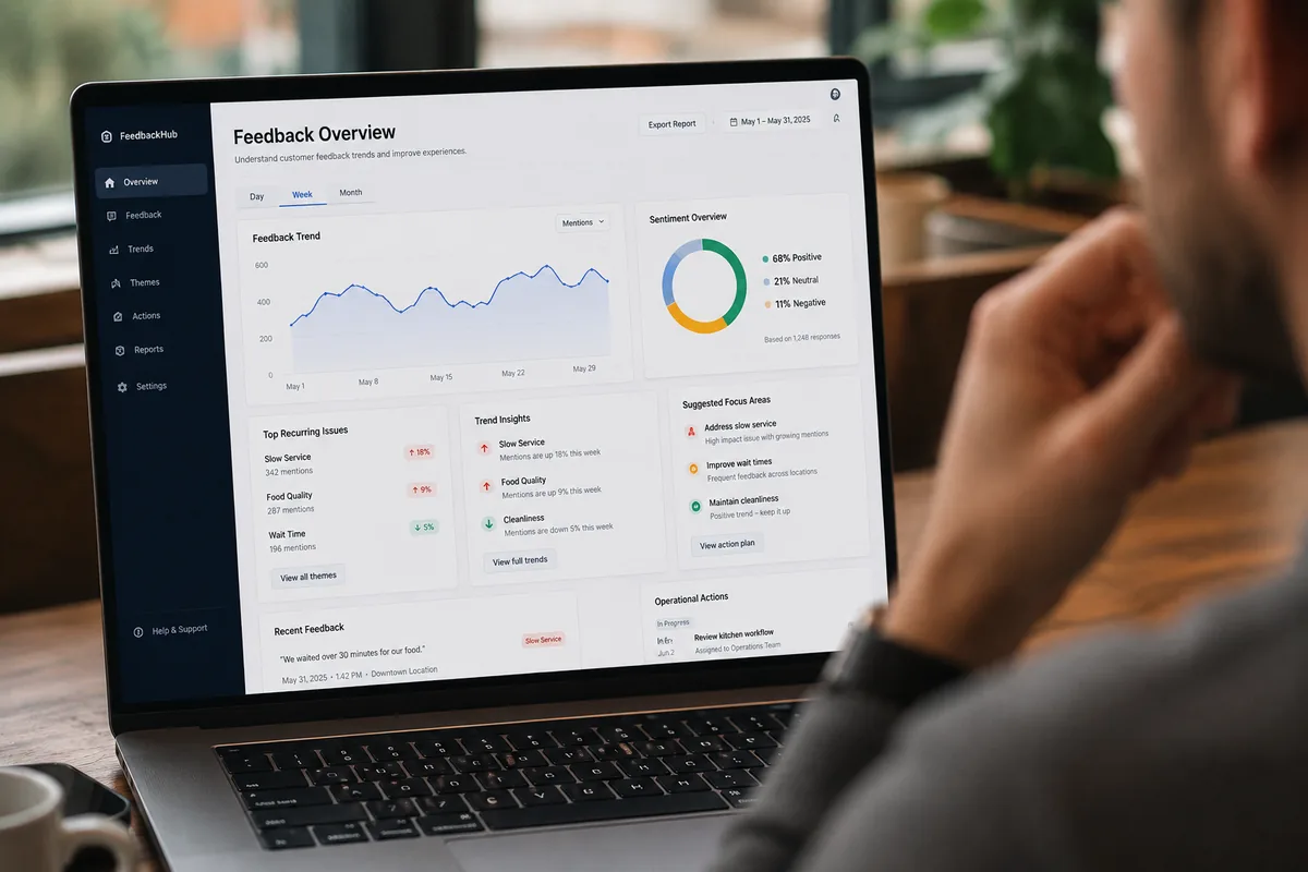 Operations dashboard highlighting recurring customer issues and suggested actions from anonymous responses.