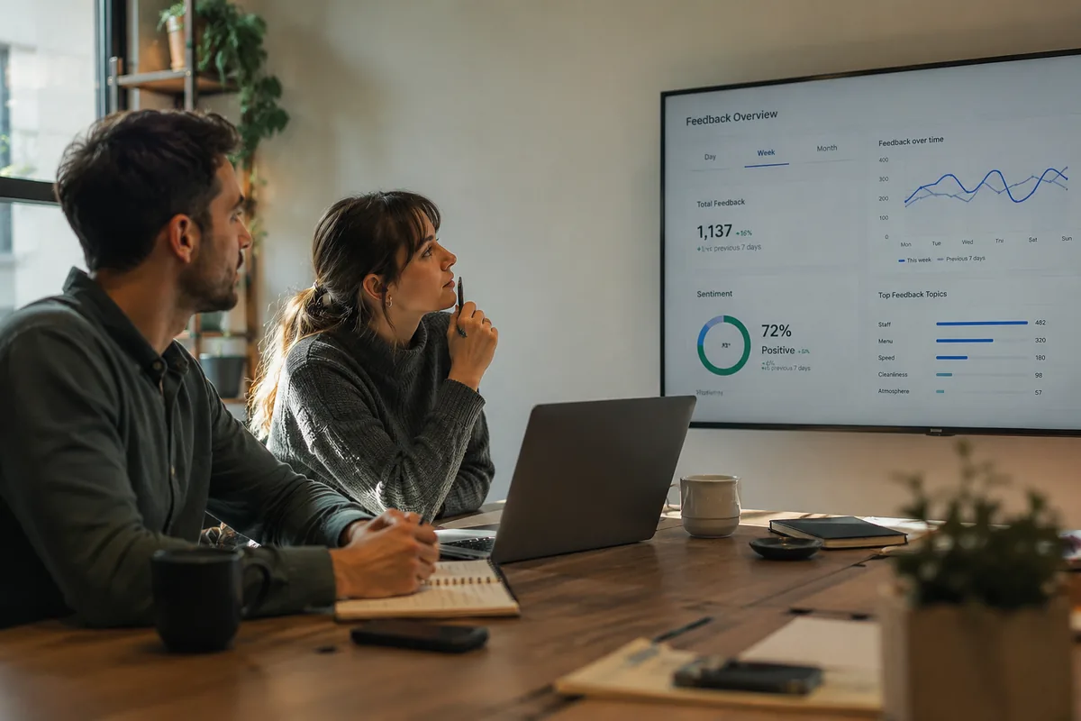 Dashboard-style chart grouping anonymous customer comments into day, week, and month trends.