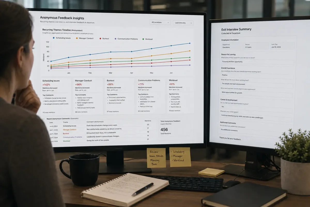 Timeline comparing recurring anonymous employee themes caught months earlier versus a single filtered exit interview at departure.
